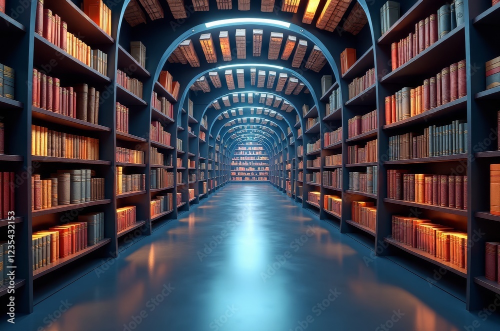 Fototapeta premium A serene and organized library with rows of books and a peaceful atmosphere