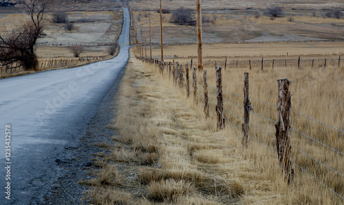 Wallpaper Mural A country road, barbed wire fence, a road and fence posts, rural road, narrow road, countryside, farmland road, quiet atmosphere, quiet ambiance Torontodigital.ca