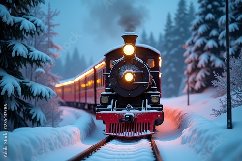 A vintage red train chugs along a snowy railway, its lights aglow in a serene winter wonderland photo