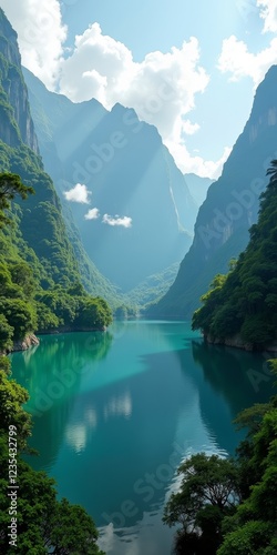 Serene lake surrounded by majestic mountains and lush greenery