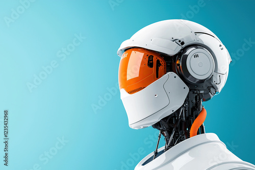 futuristic humanoid robot with orange visor and sleek white armor stands against blue background, showcasing advanced technology and design