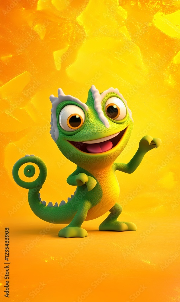 Fototapeta premium Happy chameleon posing against a vibrant orange backdrop, ideal for children's content
