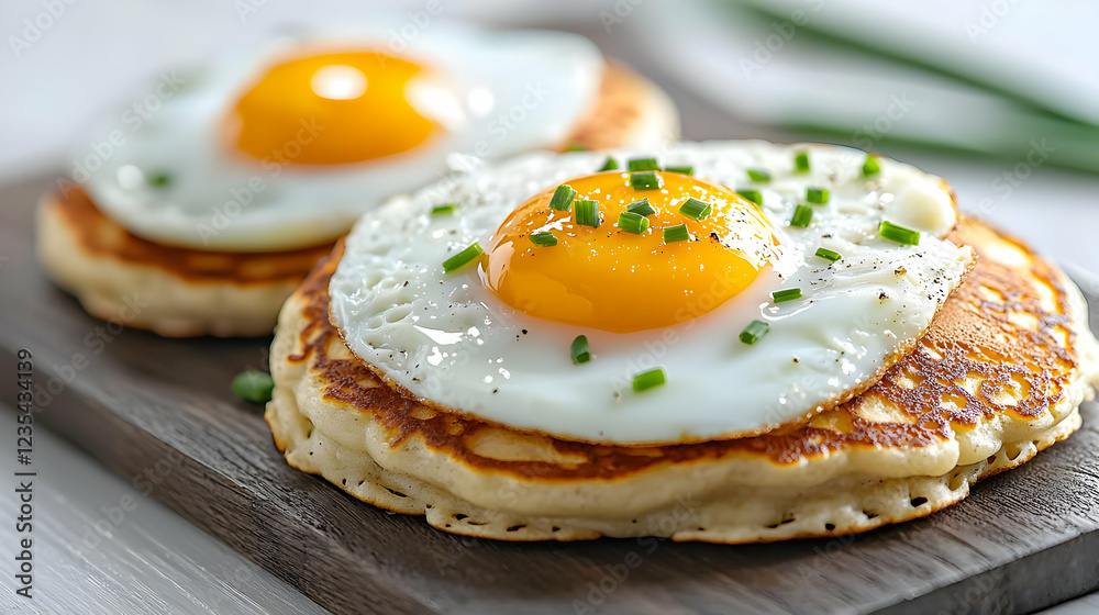 Sunny-side up eggs on pancakes, breakfast food Sunny-side up eggs on pancakes, breakfast food