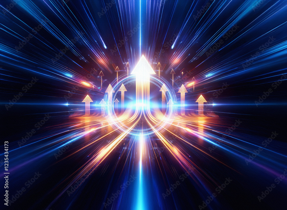 Obraz premium A vibrant, abstract image depicting a futuristic highway of light, with glowing arrows converging towards a central point, symbolizing rapid upward movement and progress.
