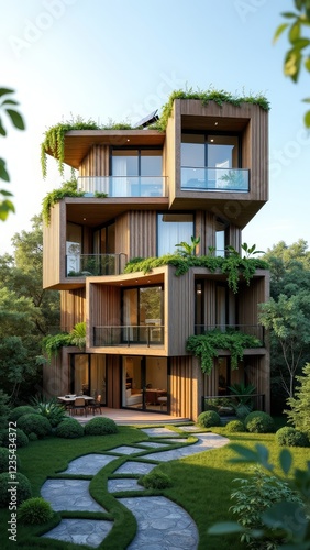 A modern  sustainable house with a green roof and natural materials