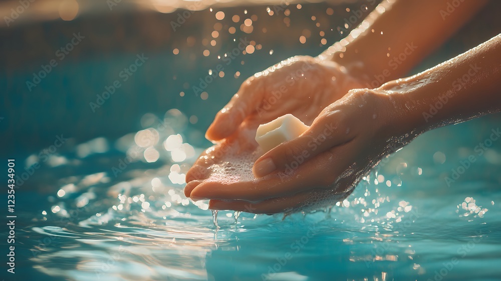 Fototapeta premium Hands washing soap in water outdoors