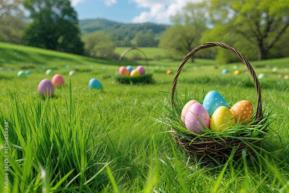 Fototapeta premium Lush Green Grass Meadow with Colorful Easter Eggs in a Sunny Landscape