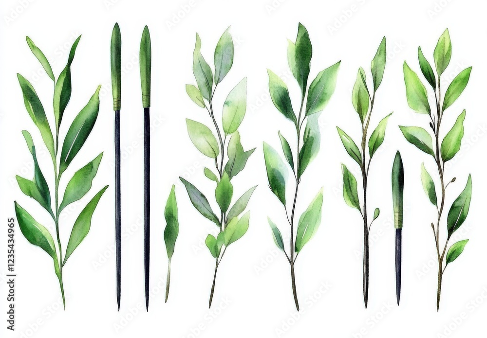 Fototapeta premium A set of green leaves with a black tip