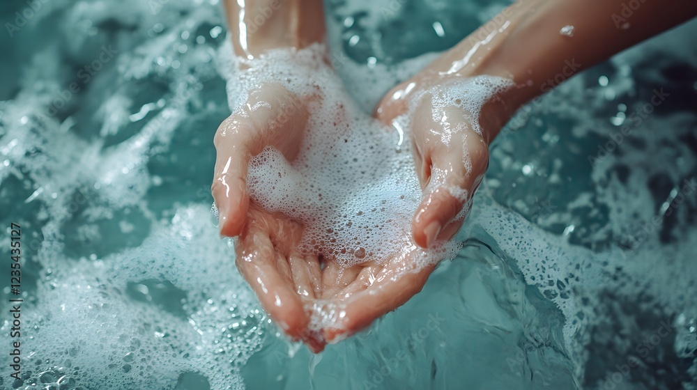 Fototapeta premium Hands cupping water and bubbles in a basin