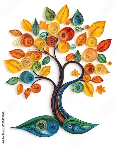 crafted colorful paper quilling techniques textured layers Colorful tree illustration with stylized leaves.