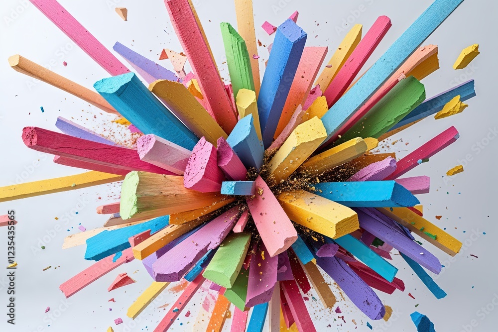 Vibrant Chalk Fragments Creating Explosive Visuals on White Background Vibrant Chalk Fragments Creating Explosive Visuals on White Background
