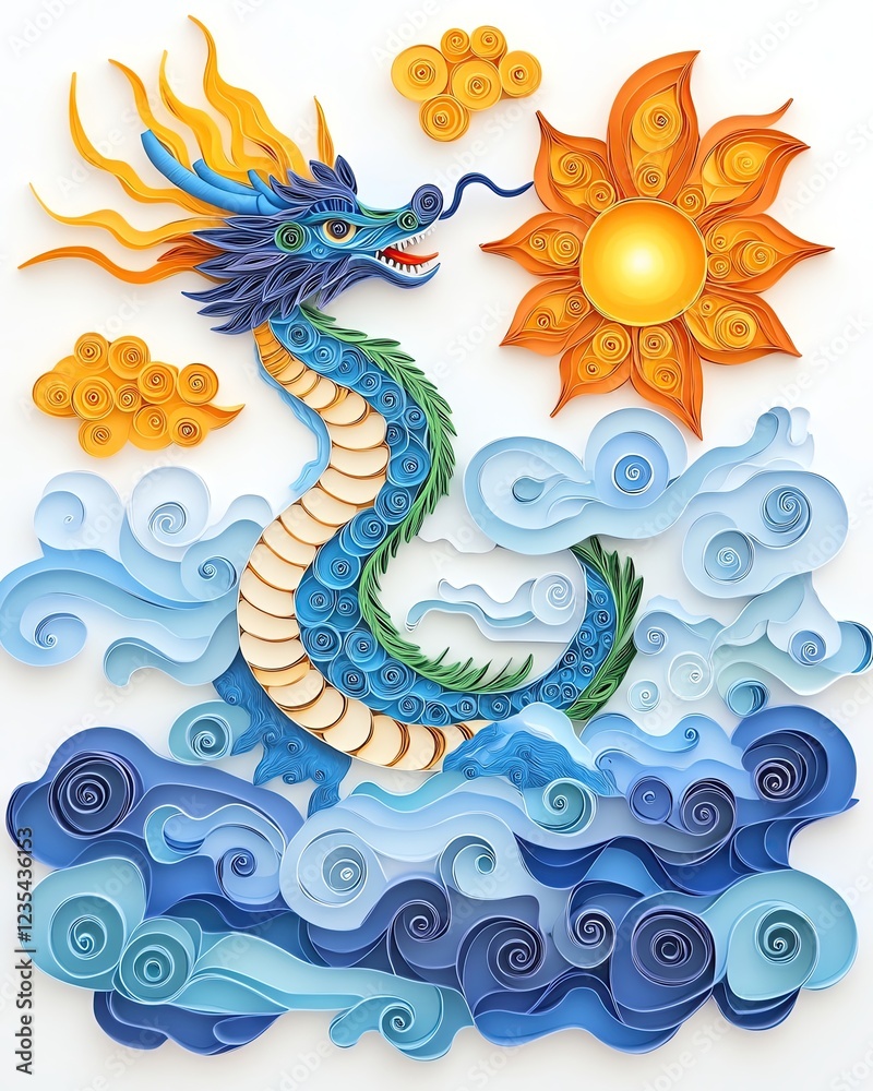 Obraz premium crafted colorful paper quilling techniques textured layers Vibrant dragon in swirling clouds and sun.