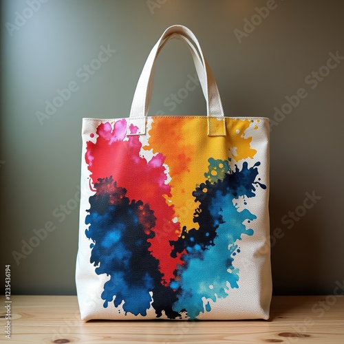 A canvas tote bag with a vibrant paint splatter design, showcasing creativity and artistic flair