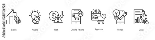 Consumer Trust Icon Data, Sales, Award, Risk, Online Phone, Agenda, Pencil