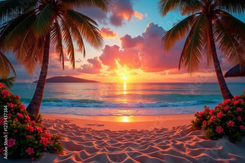 Fototapeta Naklejka Na Ścianę i Meble -  A serene tropical beach at sunset, with palm trees and vibrant flowers