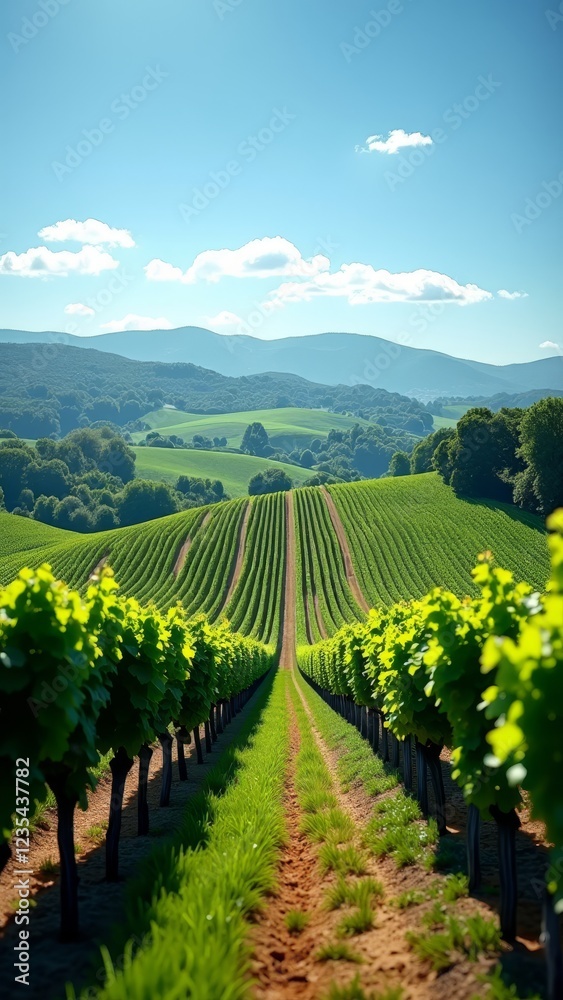Fototapeta premium Rolling hills and vineyards under a clear blue sky