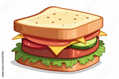Freshly prepared sandwich with cheese, tomato, lettuce, and cucumber on white bread