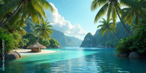 Serene tropical beach with a thatched hut and palm trees