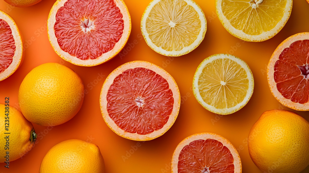 Vibrant citrus fruits arranged on a bright orange background, showcasing freshness Vibrant citrus fruits arranged on a bright orange background, showcasing freshness