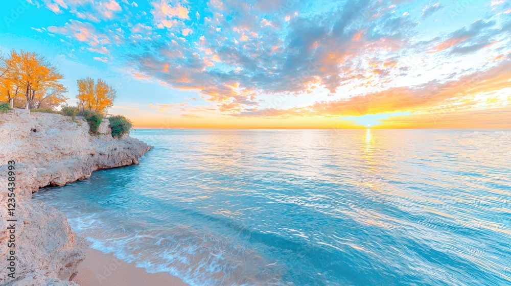 Obraz premium Coastal sunset, tranquil beach, autumn trees, calm ocean. Perfect for travel brochures