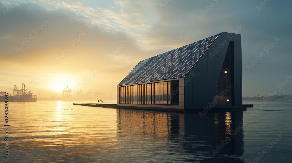 Futuristic Waterfront Structure at Sunrise Futuristic Waterfront Structure at Sunrise