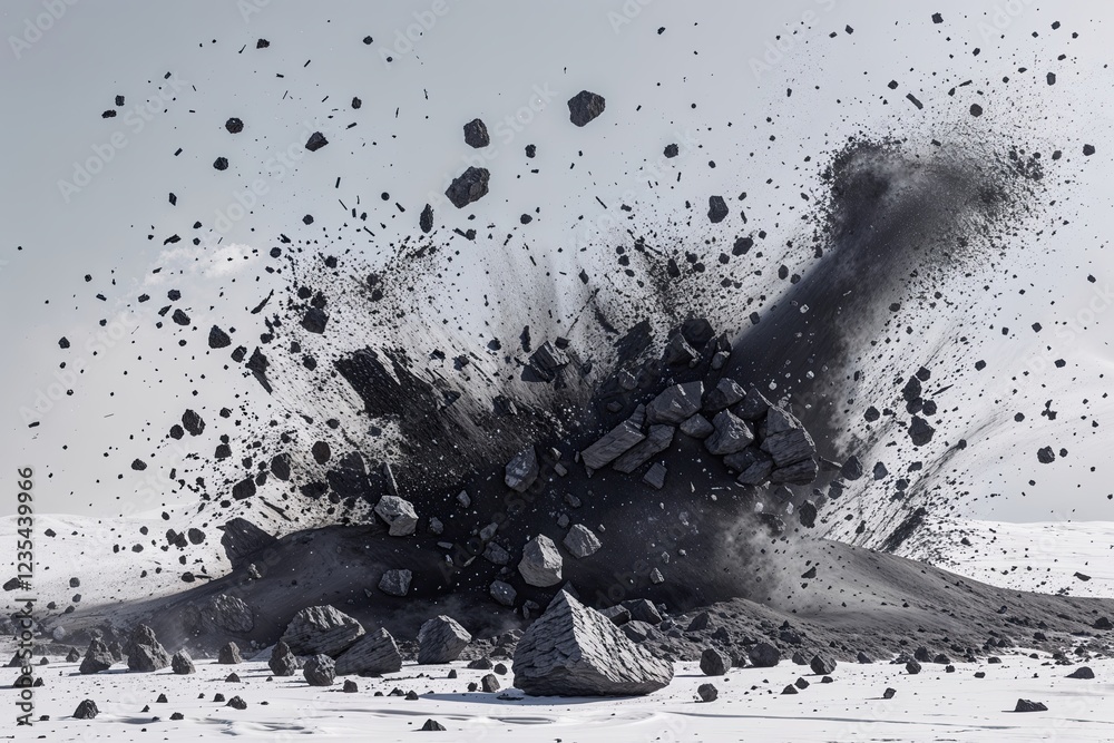 Fototapeta premium Dynamic Eruption of Black Mineral Dust and Shrapnel on a White Background
