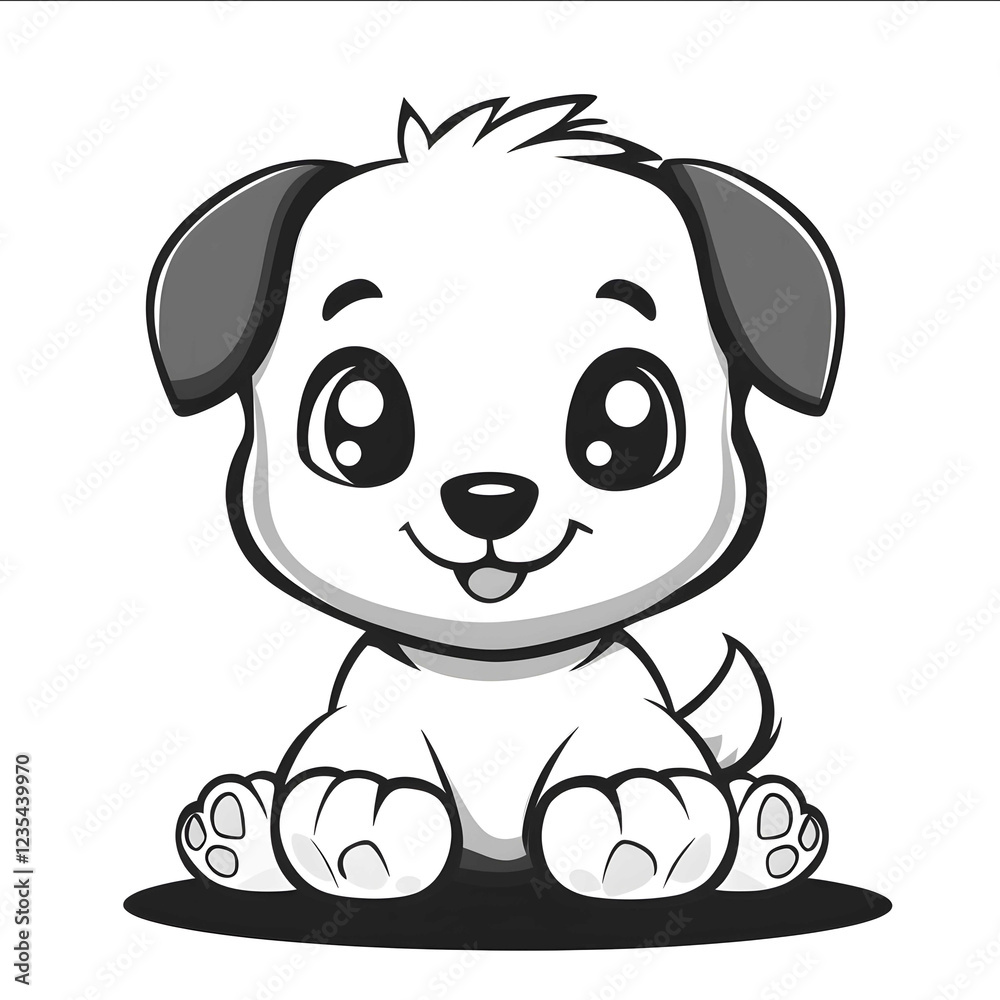 A cute simple chibistyle kawaiiinspired clean blackandwhite vector line drawing of an adorable puppy sitting on the ground with its paws in front showing its toes isol A cute simple chibistyle kawaiiinspired clean blackandwhite vector line drawing of an adorable puppy sitting on the ground with its paws in front showing its toes isol
