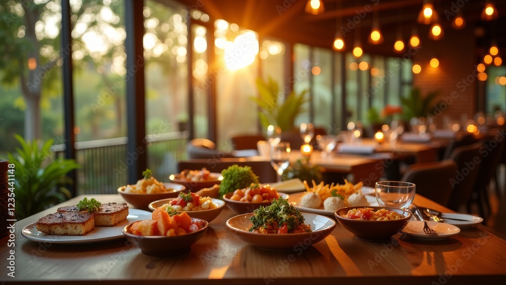 A serene dining setting with a table full of food and a window view A serene dining setting with a table full of food and a window view