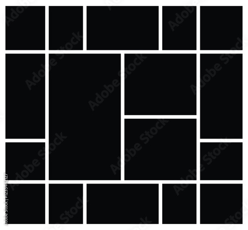 Grid photo collage template mood board. Black mosaic art grid arrangement. Picture frame composition portfolio collection. comics page grid layout abstract photo frames.