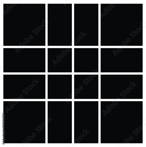 Grid photo collage template mood board. Black mosaic art grid arrangement. Picture frame composition portfolio collection. comics page grid layout abstract photo frames.