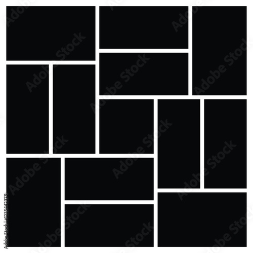 Grid photo collage template mood board. Black mosaic art grid arrangement. Picture frame composition portfolio collection. comics page grid layout abstract photo frames.