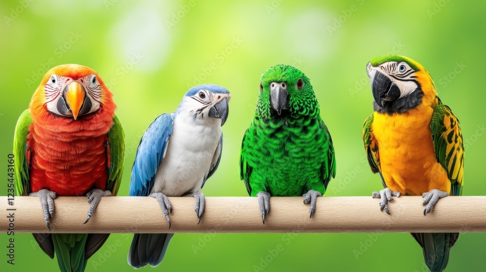 Obraz premium Vibrant Group of Colorful Exotic Parrots Perched on a Natural Wooden Branch Against a Blurred Green Background