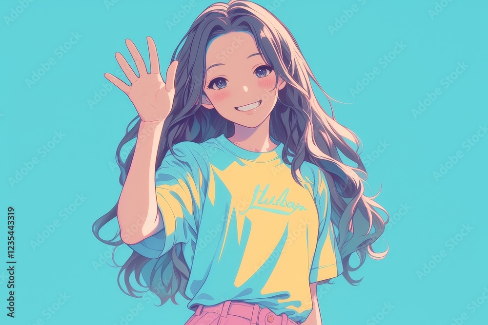 A cheerful girl with long hair waves, wearing a colorful t-shirt against a bright blue background, exuding a friendly and vibrant vibe. A cheerful girl with long hair waves, wearing a colorful t-shirt against a bright blue background, exuding a friendly and vibrant vibe.