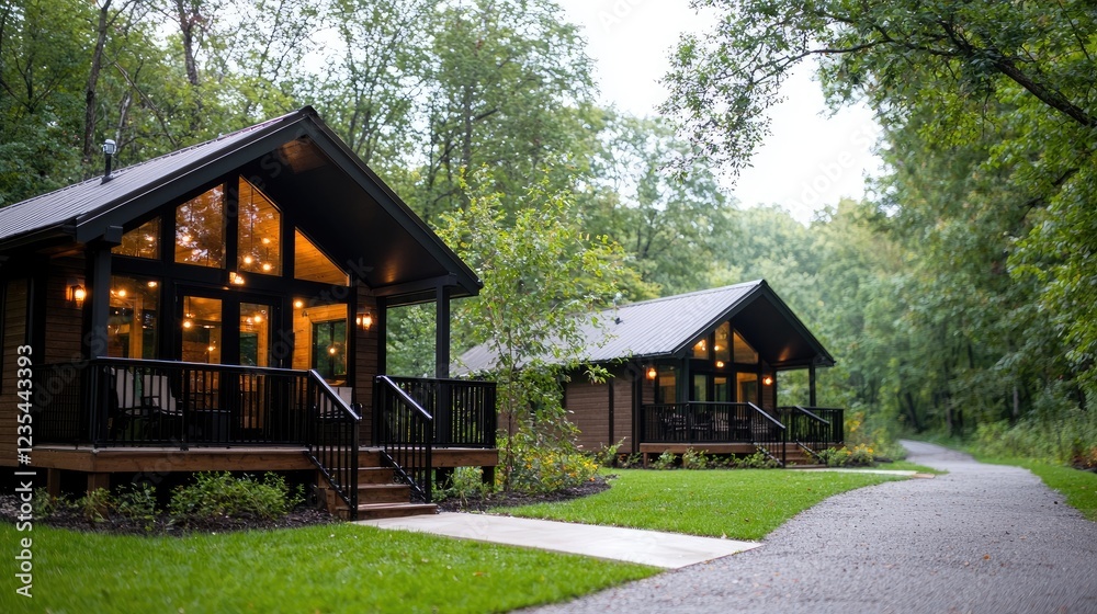 Modern cabins, forest path, evening light, woodland retreat, vacation rental Modern cabins, forest path, evening light, woodland retreat, vacation rental