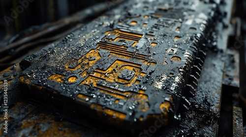 Charred Circuit Board Closeup Dark Yellow Accents. AI Generated