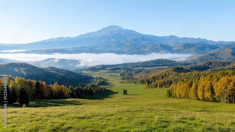 Autumn mountain valley sunrise; fog, meadow Autumn mountain valley sunrise; fog, meadow