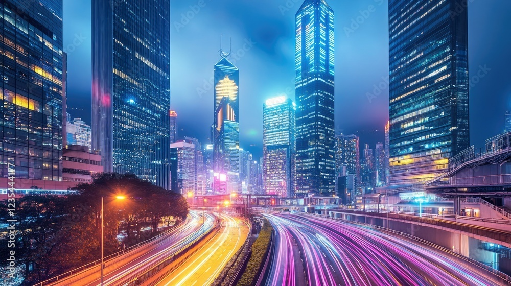 Fototapeta premium A sleek modern cityscape with high-tech buildings and advanced infrastructure, glowing under vibrant urban lights.