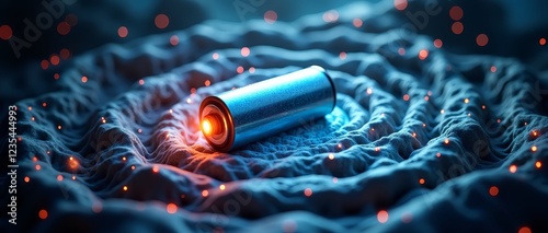 A cylindrical object with a glowing orange core, surrounded by a blue fabric with red dots