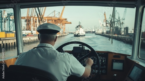 Wallpaper Mural A ship captain navigating through a busy port, with ships and cranes visible through the windows, Bridge of a ship scene Torontodigital.ca