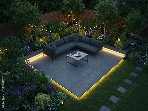 A modern outdoor living space sofa on a raised concrete patio illuminated by dramatic LED strip lighting along its perimeter.A contemporary seating area designed and landscaped garden