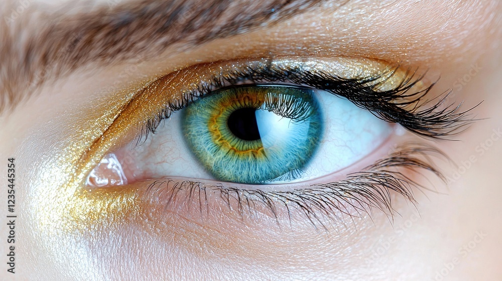 Fototapeta premium Close-up of a woman's blue eye with gold eyeshadow