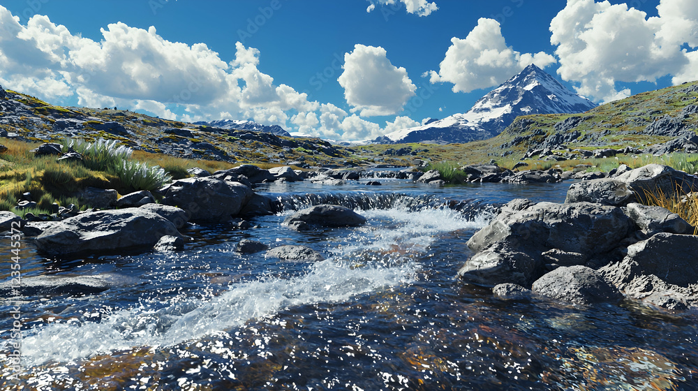 Mountain stream flows through rocky terrain, sunny sky. Landscapes Mountain stream flows through rocky terrain, sunny sky. Landscapes
