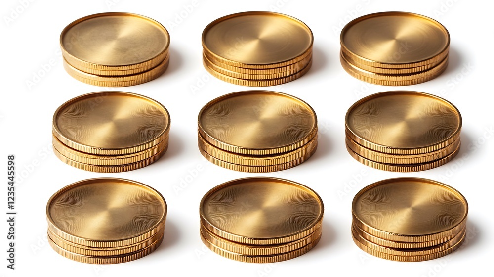 Stacked gold coins display studio setting product photography minimalist Stacked gold coins display studio setting product photography minimalist