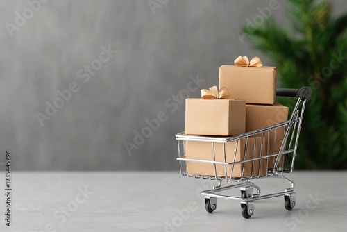 miniature shopping cart filled with gift boxes wrapped in brown paper and tied with bows is placed on smooth surface, with blurred green plant in background