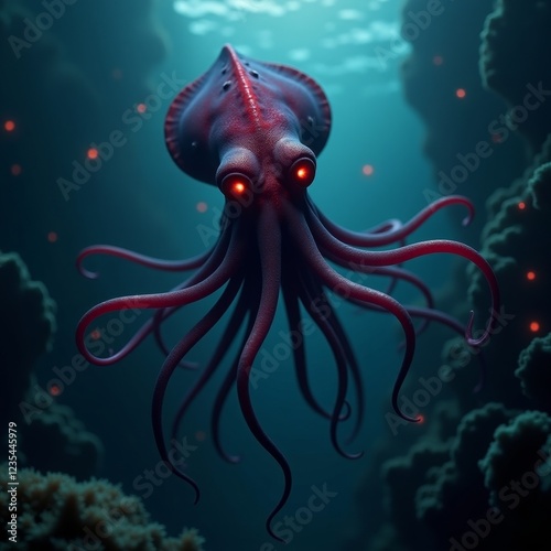 A deep-sea creature with eight tentacles and bioluminescent eyes photo