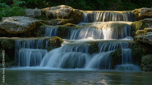Tranquil Waterfall Cascading Over Rock Formation in Lush Greenery