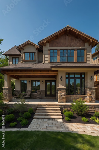 Luxury Modern Home Exterior: Stone and Wood Design.  Contemporary Architecture, Landscaping, and Spacious Entrance. Real Estate