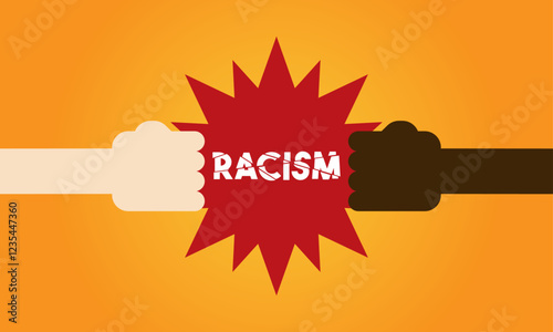 Vector illustration of white and black hand punching the word racism to shreds. stop racism.