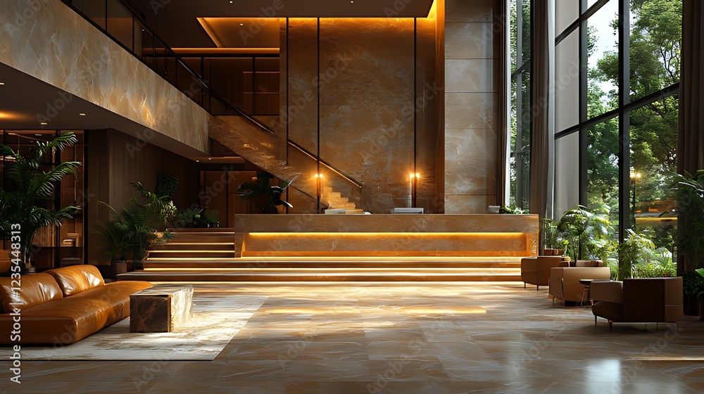 Fototapeta premium Luxurious hotel lobby reception, sunlight, plants, stairs
