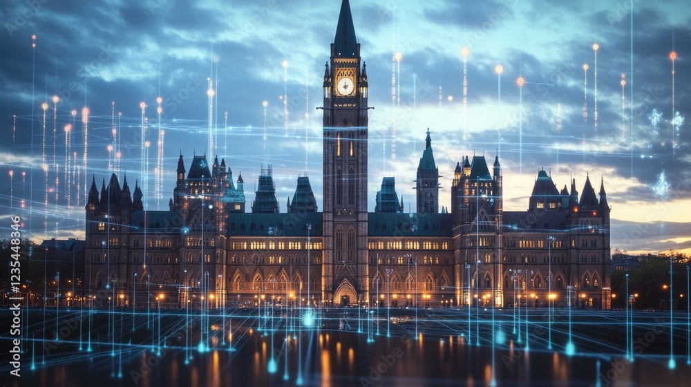 Naklejka premium Digital charts rise in front of a stately parliament building, showcasing the intersection of technology, economics, and politics.